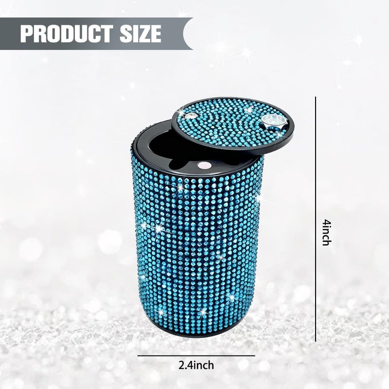 FALVFUN Bling Car Ashtray, Rhinestones Smokeless Smell Proof Vehicle Cup Holder Ash Tray with Lid, Sparkling Diamond Portable Automotive Interior Ashtray, Universal for SUV RV Truck (Light Blue) - Image 1